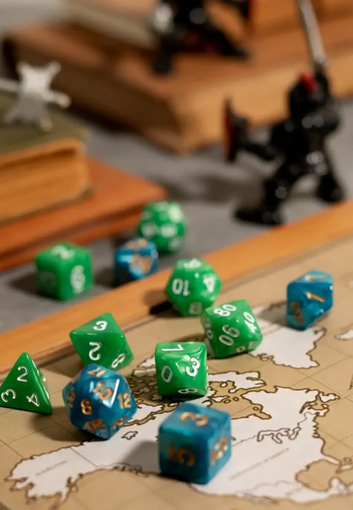 Wielokątne kostki do gry RPG rozrzucone po mapie świata fantasy, służące do odgrywania ról.